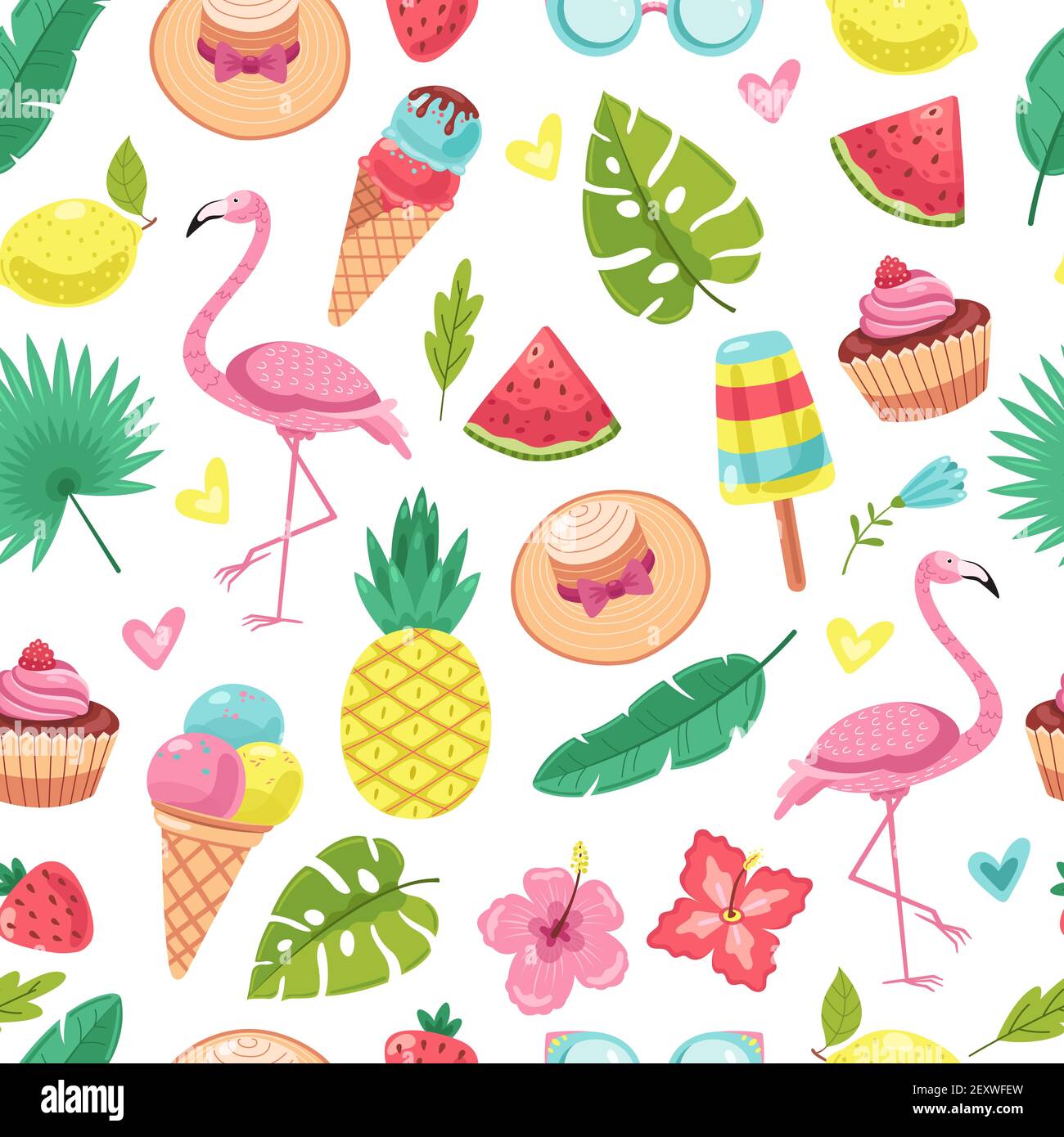 Sommerliches Nahtmuster. Tropischer Flamingo, Eis und Ananas, Blätter und Cocktail, Wassermelone, Blumen Vektor Textur. Flamingo und Ananas Muster, Blume und Wassermelone Illustration Stock Vektor