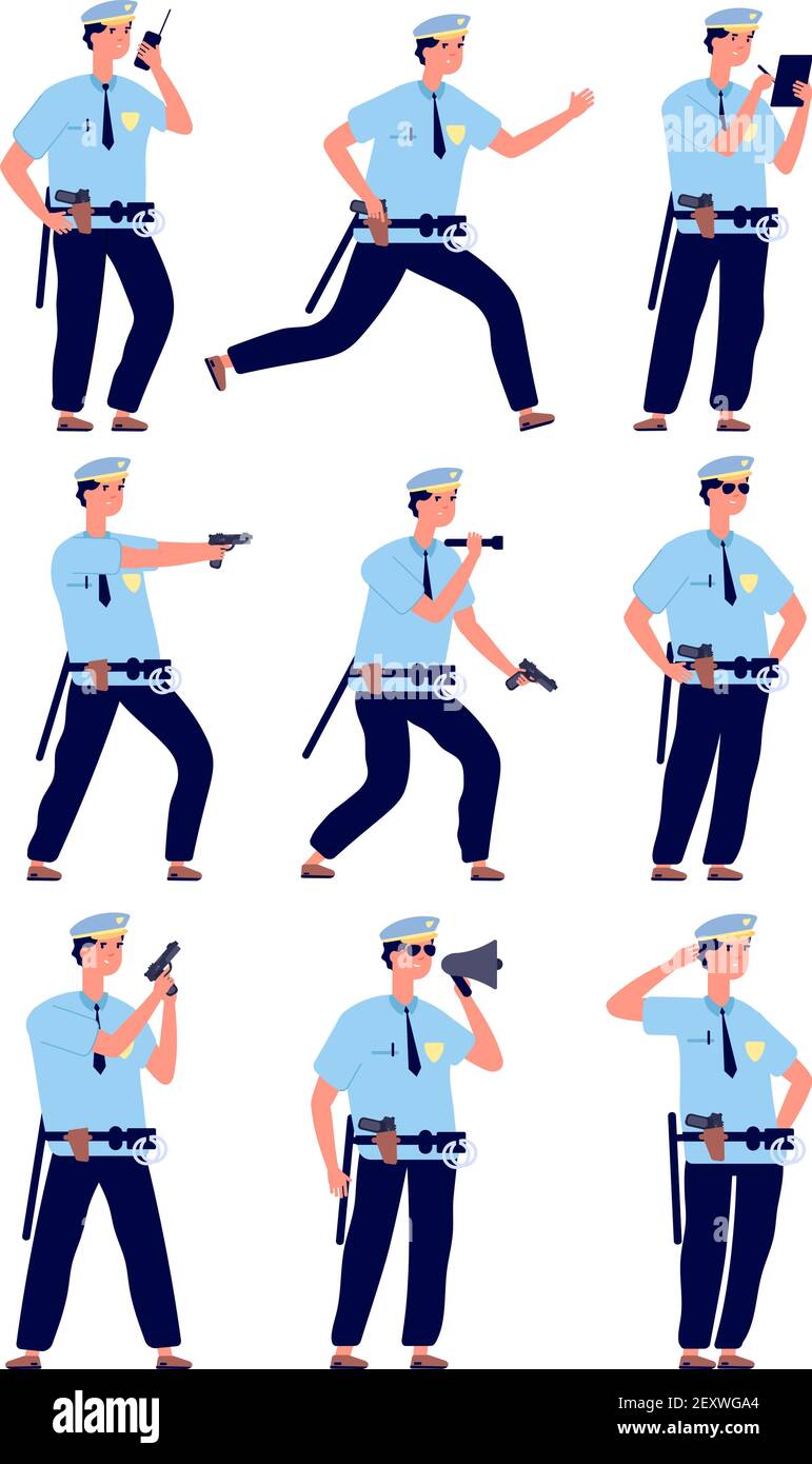 Polizist. Amerikanischer Polizist, Polizeistreife in Uniform mit Pistole. Professionelle Wachen Cartoon Figuren Vektor-Set. Illustration Offizier Polizist, Wächter amerikanischen Profi in Uniform Stock Vektor