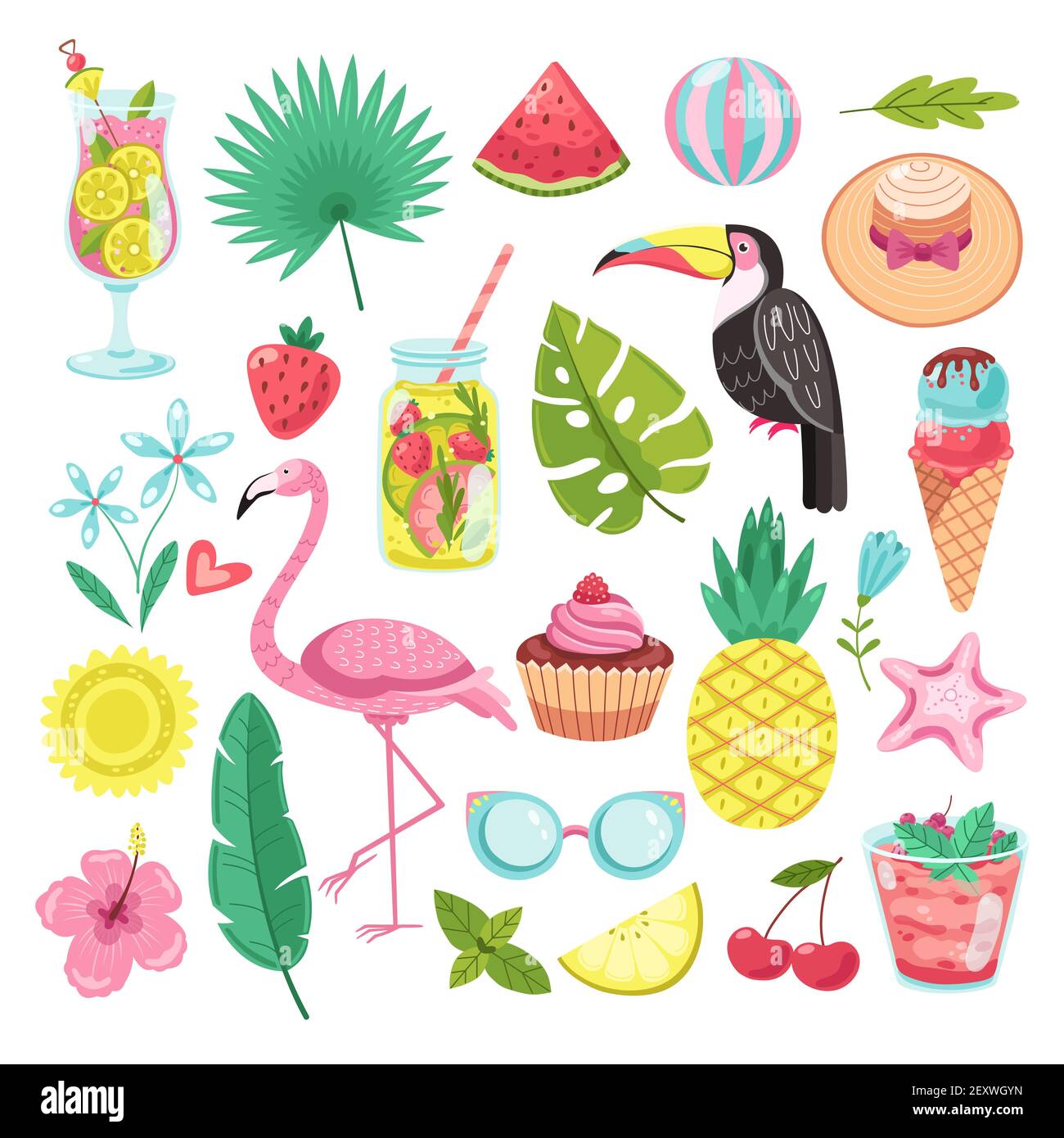 Sommer-Elemente. Aufkleber für tropische Ferien. Flamingo, Eis und Ananas, Blatt und Cocktail, Papagei und Strandhut, Seesterne Vektor-Set. Illustration Flamingo und Wassermelone, Palme und Früchte Stock Vektor