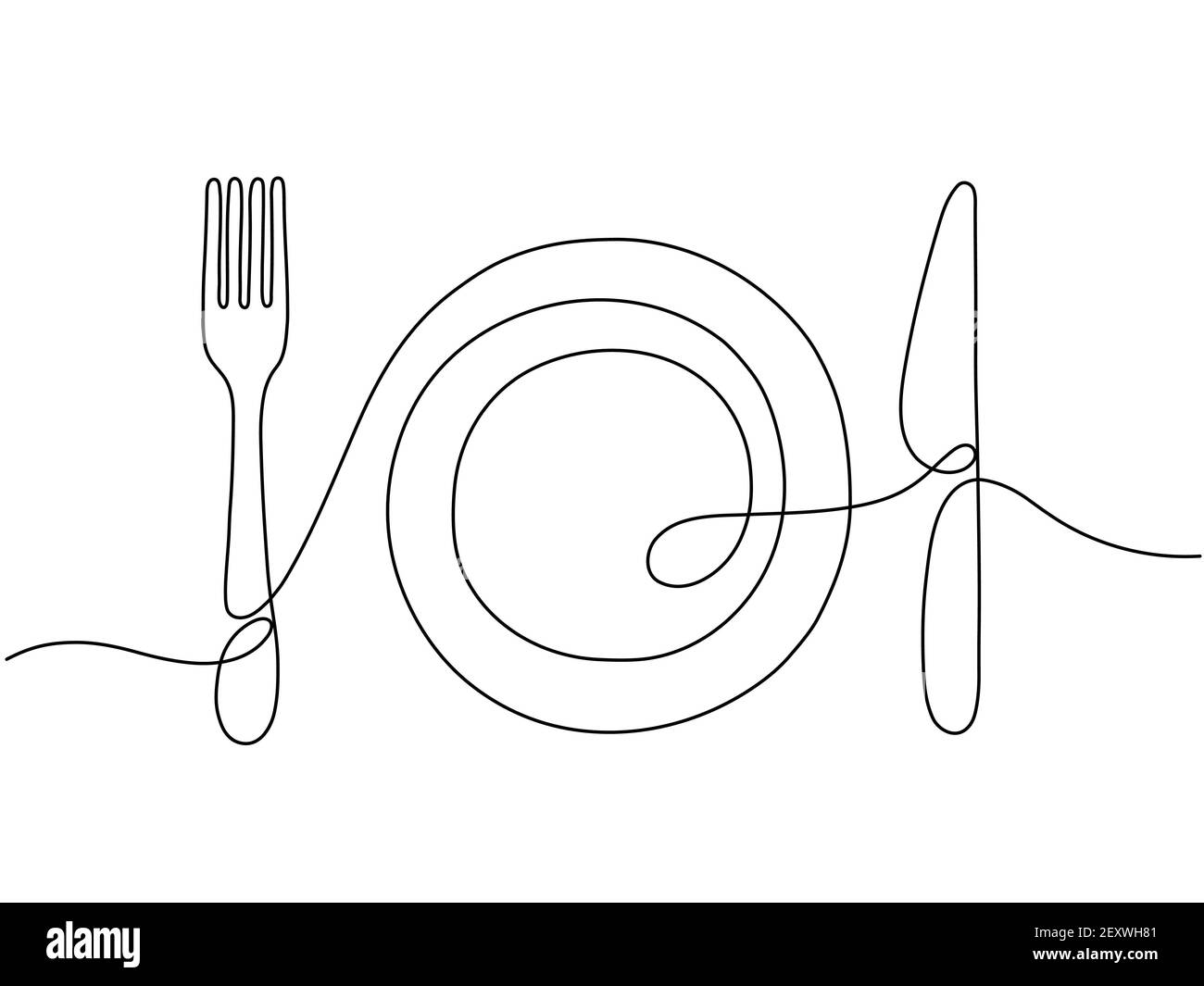 Eine Linie Kunst. Plattenmesser, Gabel kontinuierliche Umrisszeichnung. Dekoration für Café oder Küche, Restaurant oder Menü. Besteckvektor Illustration. Plattenzeichnung Umriss mit Geschirr Kontur Stock Vektor