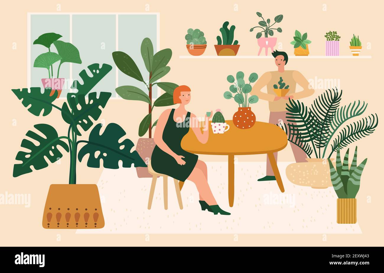 Hausgarten. Frau Pflanzen Grün, entspannen in gemütlichen Zimmer. Gartenarbeit Hobby, Bio-botanischen Dekor. Vektor-Illustration für Menschen und Pflanzen. Pflanze und Garten, Grün Blume Haus, florale Innenausstattung Stock Vektor