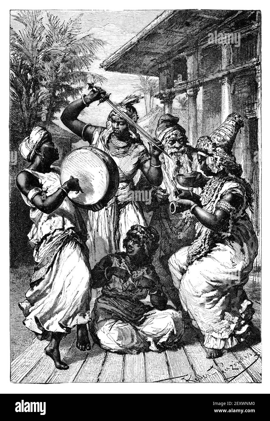 Gruppe von Theaterschauspielern aus Singapur. Kultur und Geschichte Asiens. Vintage antike Schwarz-Weiß-Illustration. 19th Jahrhundert. Stockfoto