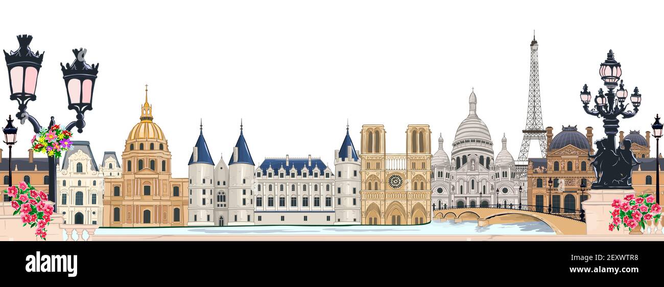 Schöne alte Architektur von Paris. Paris und seine historischen Sehenswürdigkeiten. Stock Vektor