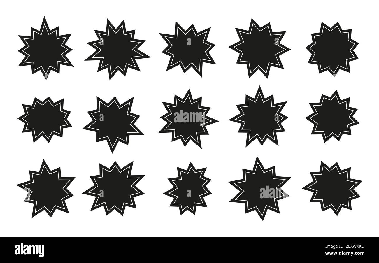 Starburst Aufkleber. sunburst Sterne, Verkauf und Promotion Abzeichen. Cartoon Comic Sprechblasen. Isolierte schwarze Promo Preis Tags Vektor Rohlinge. Illustration Preis Tag Stern, Starburst Label Kollektion Stock Vektor