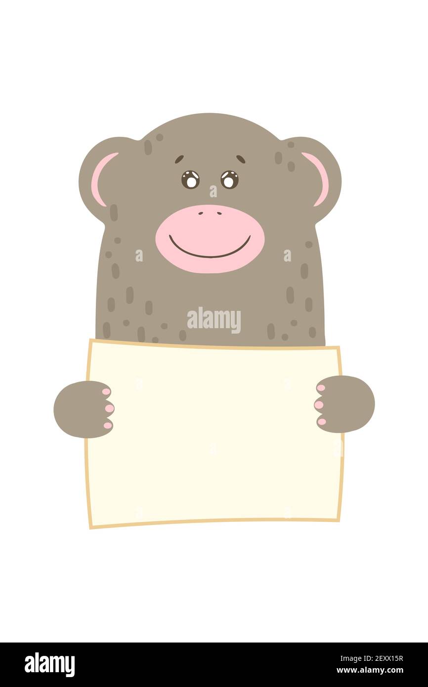 Niedlichen Cartoon Affen Affen Tier halten Tag Zeichen mit Kopierraum. Set Grußkarte Banner Einladung Flyer Broschüre. Cartoon Hand gezeichnet Stil. Kleine Haustiere mit leerem Schild Stock Vektor