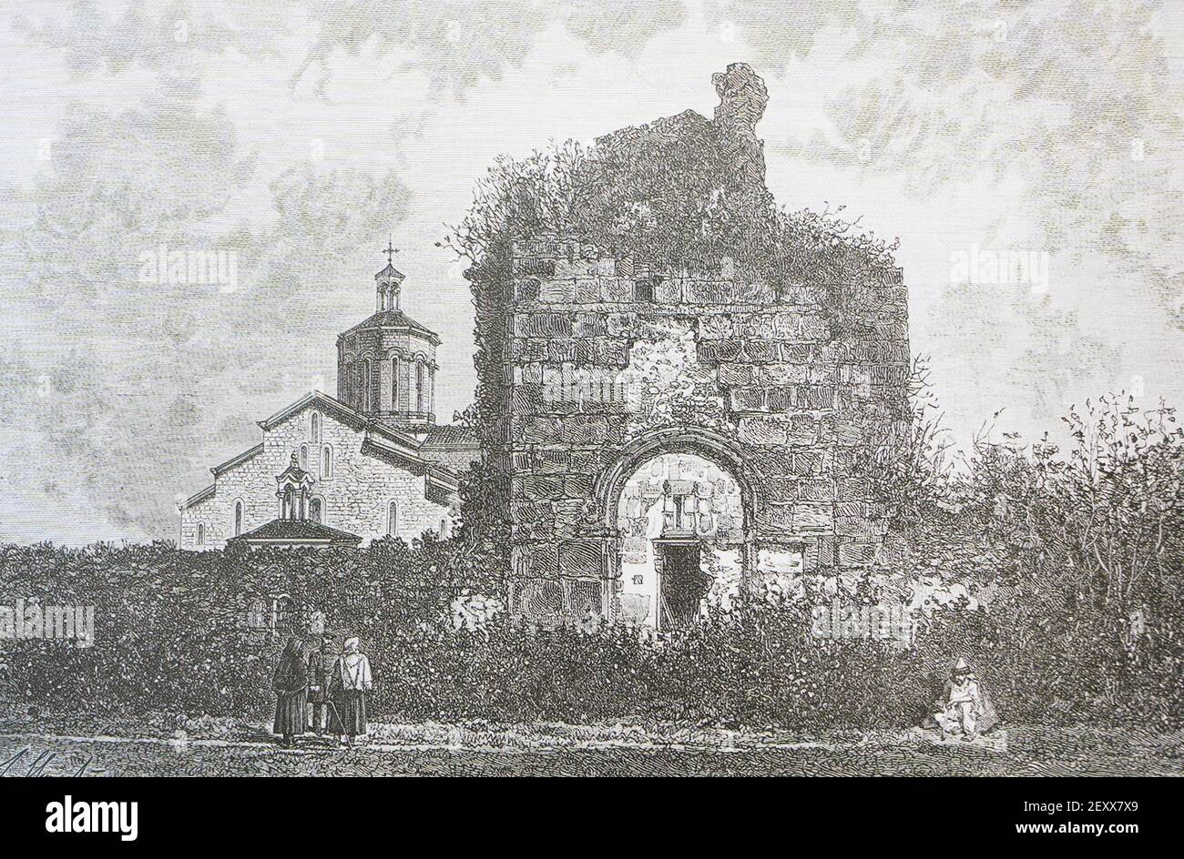 Die Ruinen der alten Kirche und der neuen Kirche im Dorf Mokva im Kaukasus. Gravur von 1882. Stockfoto