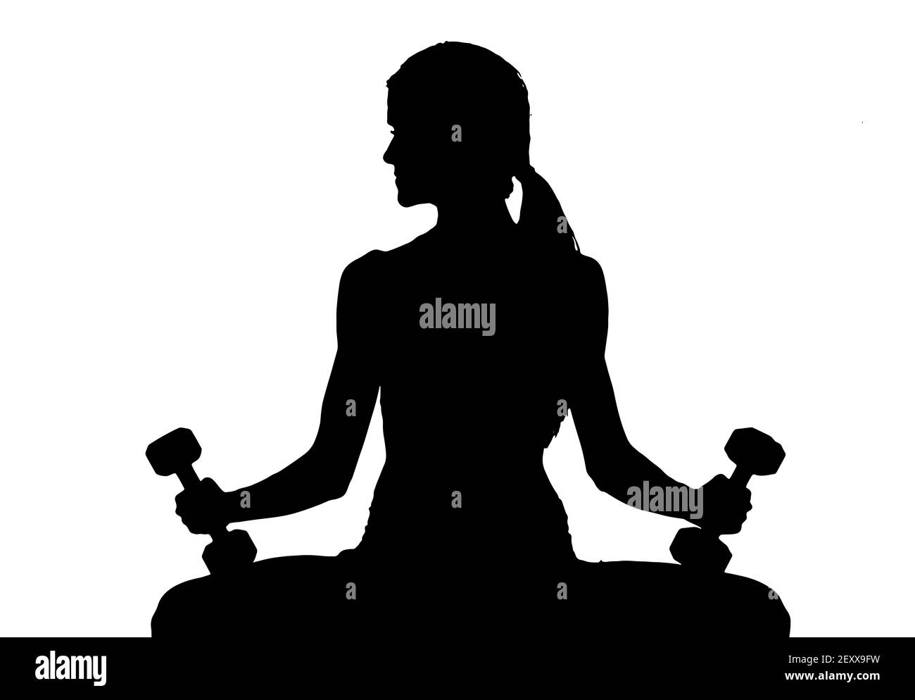 Frau Silhouette Arbeit aus Bank Barbells White Hintergrund Stockfoto