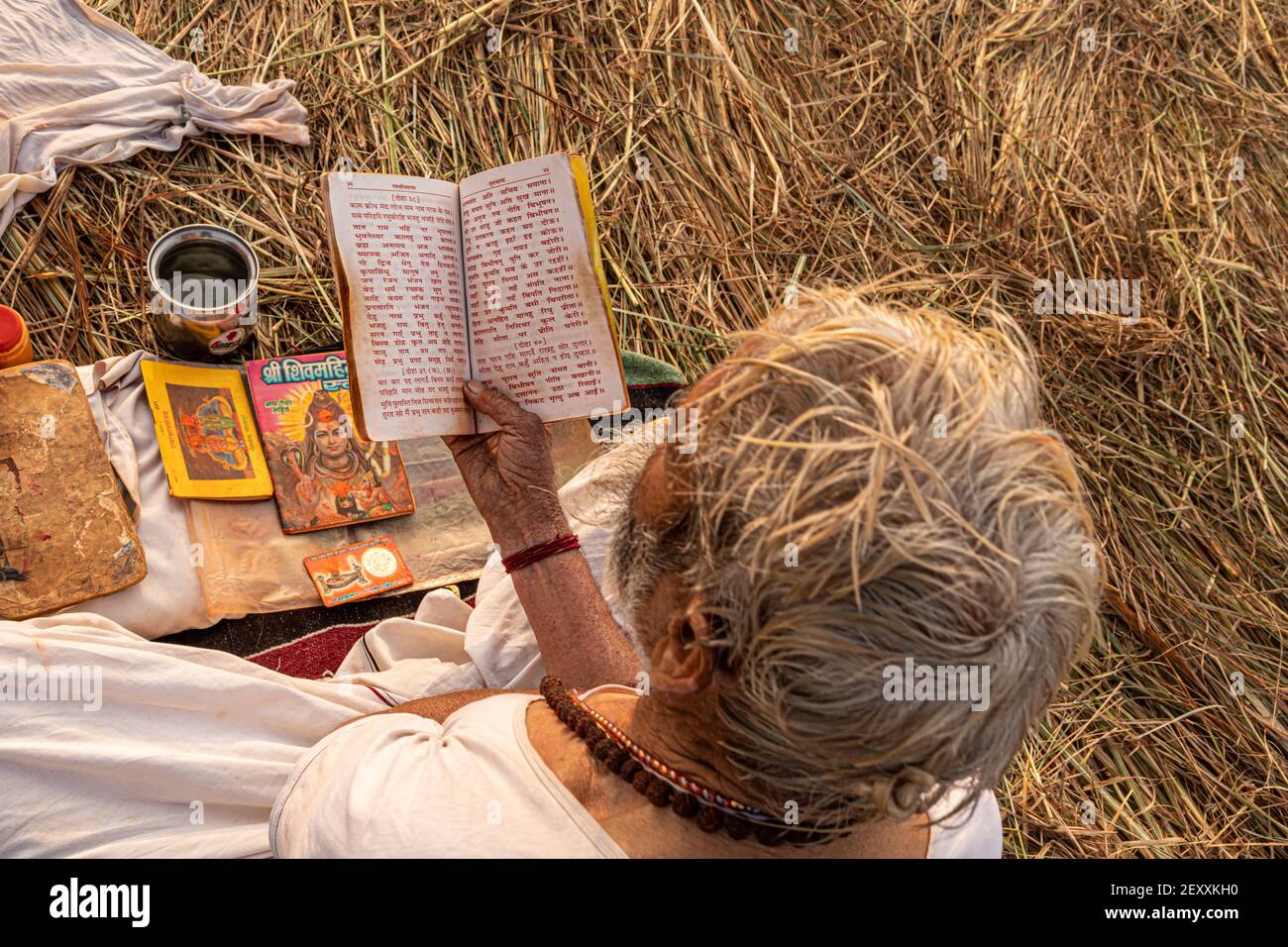 Ein mont beim Lesen des Stechbuches während der kumbh mela in Haridawar.kumbh ist die größte Gemeinde auf der Erde. Stockfoto