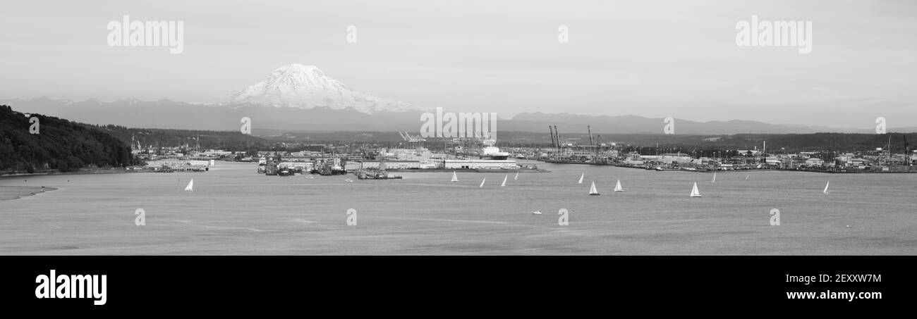 Segelboot Regatta Commencement Bay Puget Sound Port Tacoma Mt. Rainier Stockfoto