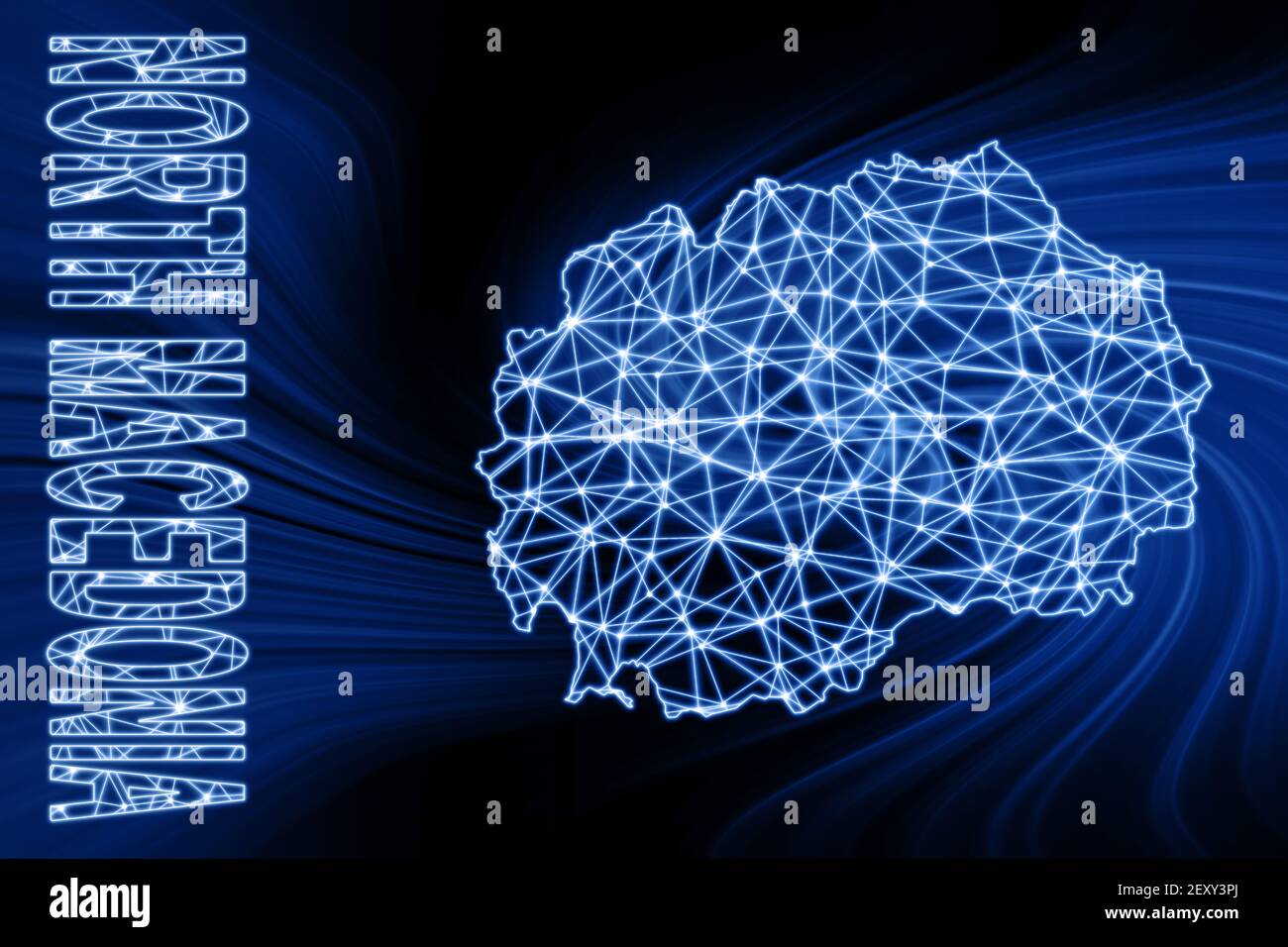 Karte von NordMazedonien, Polygonale Netzlinienkarte, blaue Karte auf