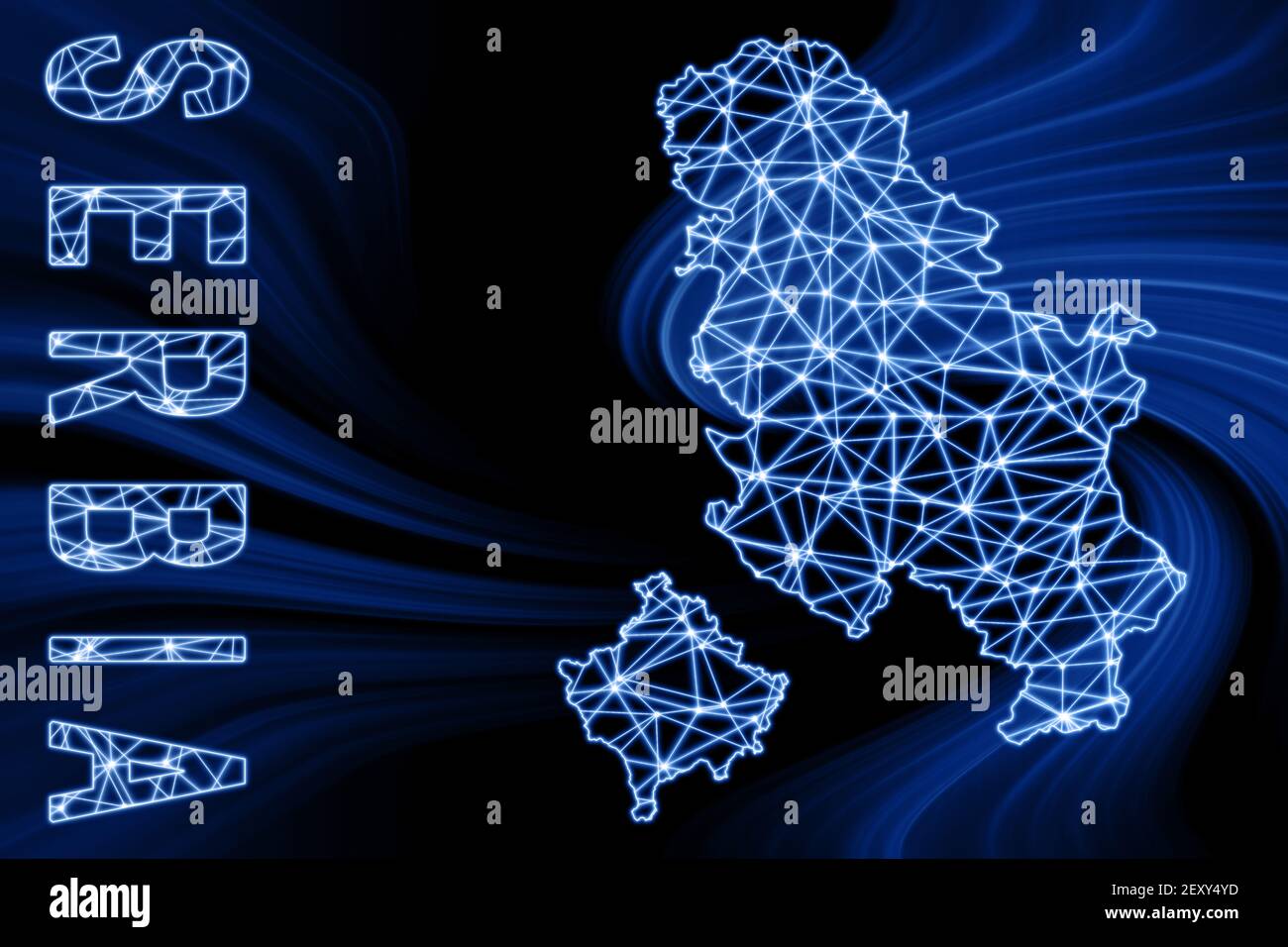 Karte von Serbien Kosovo, Polygonale Netzlinienkarte, blaue Karte auf dunklem Hintergrund Stockfoto