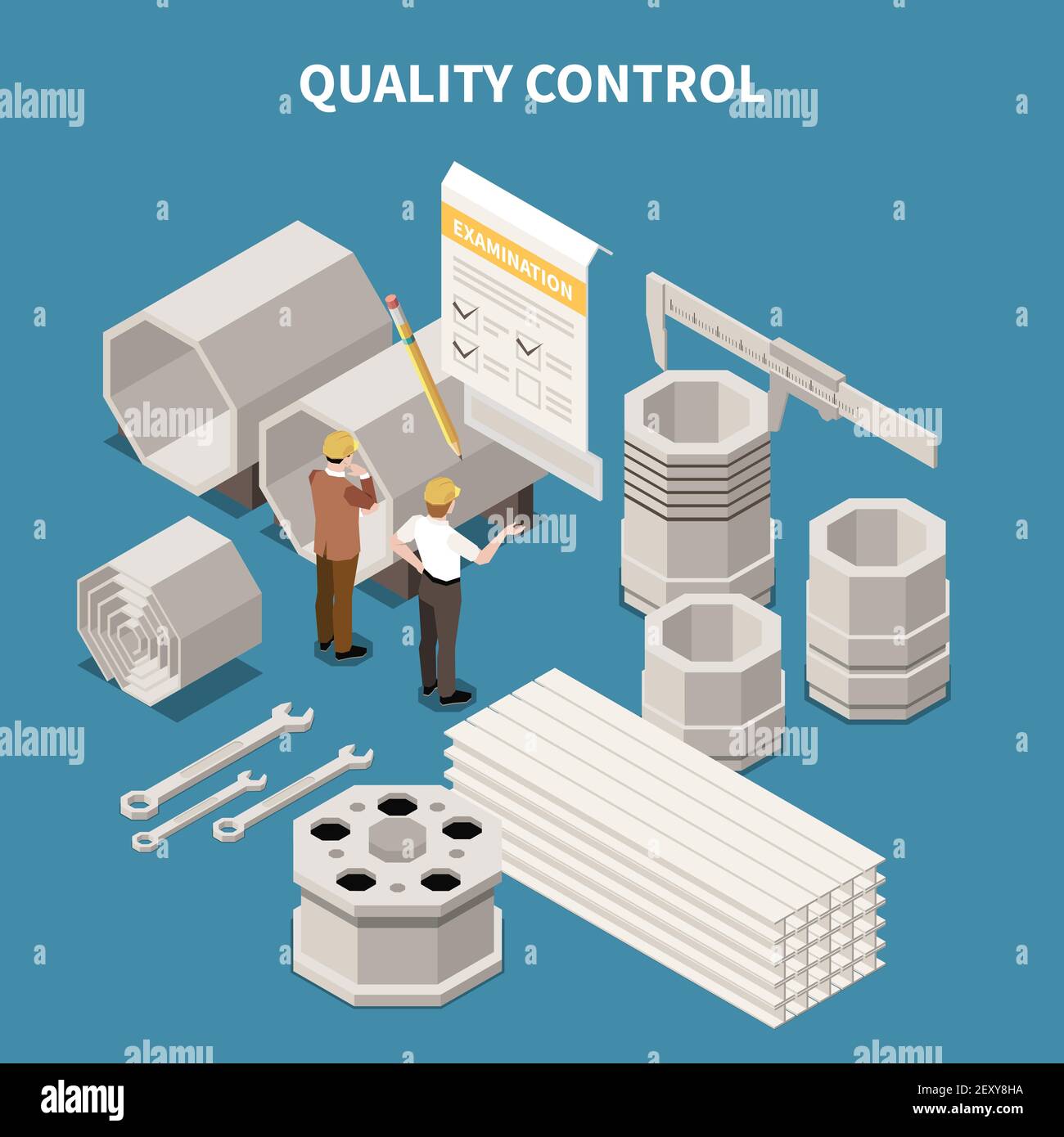 Isometrische Zusammensetzung mit Metallindustrie Produkte und Arbeiter tun Qualität Steuerung der vektorgrafik 3D Stock Vektor