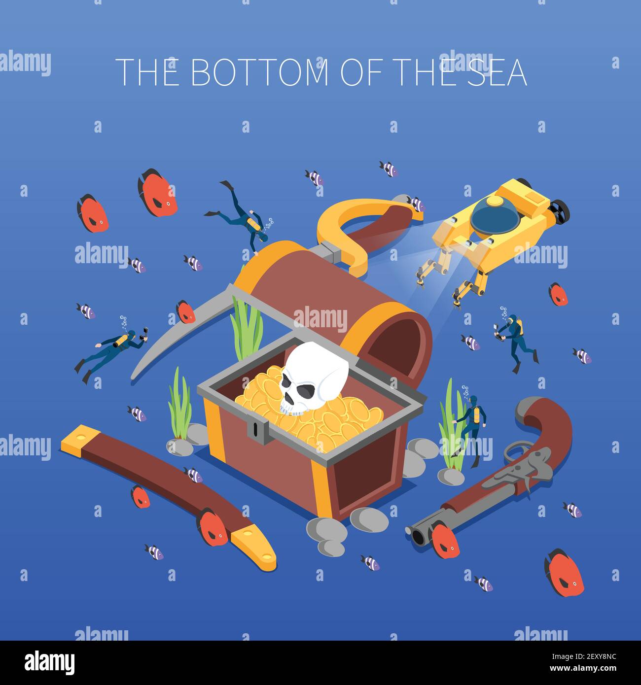 Die Taucher während des Studiums des Schatzes der isometrischen Zusammensetzung des Meeresbodens Vektorgrafik auf blauem Hintergrund Stock Vektor