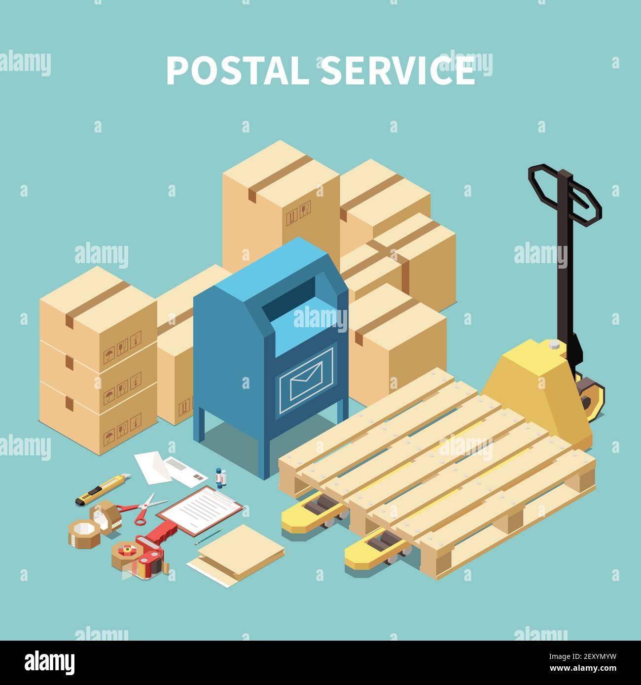 Postal Service isometrische Zusammensetzung mit Kartons und Schreibwaren Objekte Stock Vektor