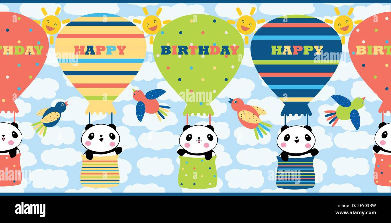 Vektor-Grenze mit Geburtstagswünschen und niedlichen Kawaii Panda in Heißluft-Ballons.Fun Banner mit Feier Grüße, Cartoon-Bären, Vögel auf einem sonnigen Stock Vektor