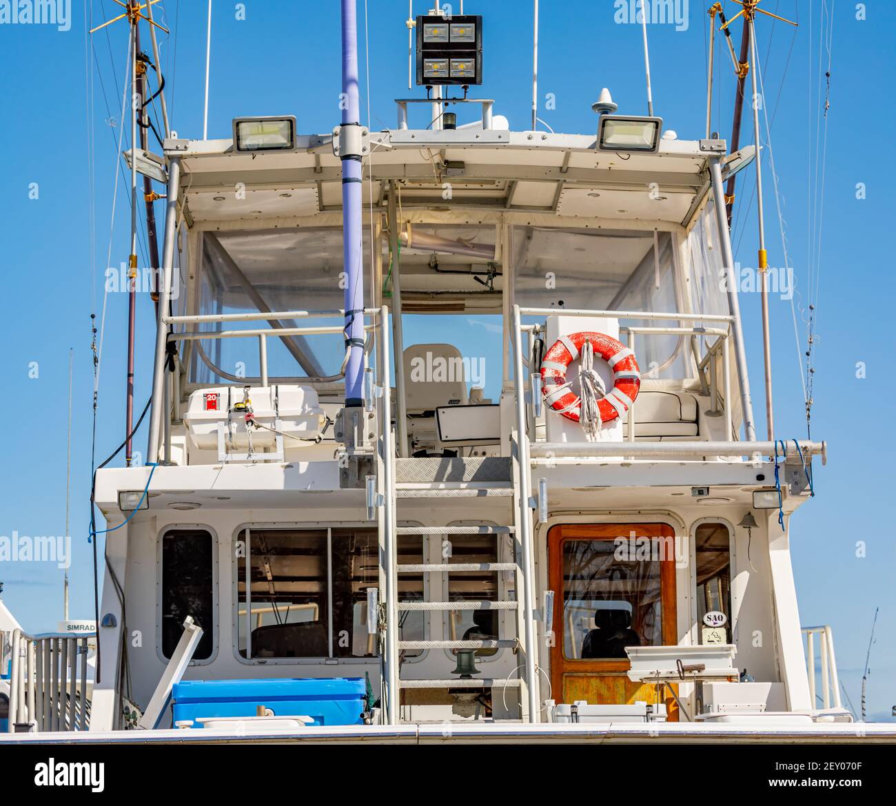 Rückansicht eines Charter-Fischerbootes in Montauk, NY Stockfoto