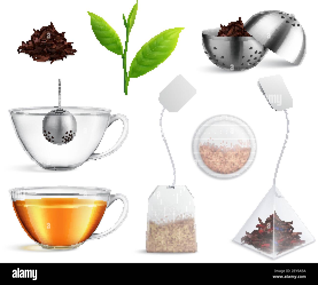 Tee Brühbeutel realistische Symbol Set verschiedene Arten von Tee Brühsieb und Teebeutel par Beispiel Vektor illustrationK Stock Vektor