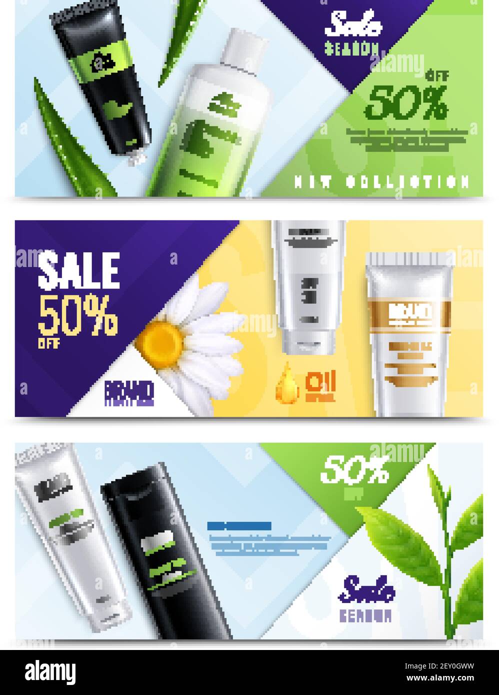 Drei horizontale Bio-Kosmetik Zutaten realistische Banner-Set mit Verkauf Saison neue Kollektion Beschreibungen Vektor Illustration Stock Vektor