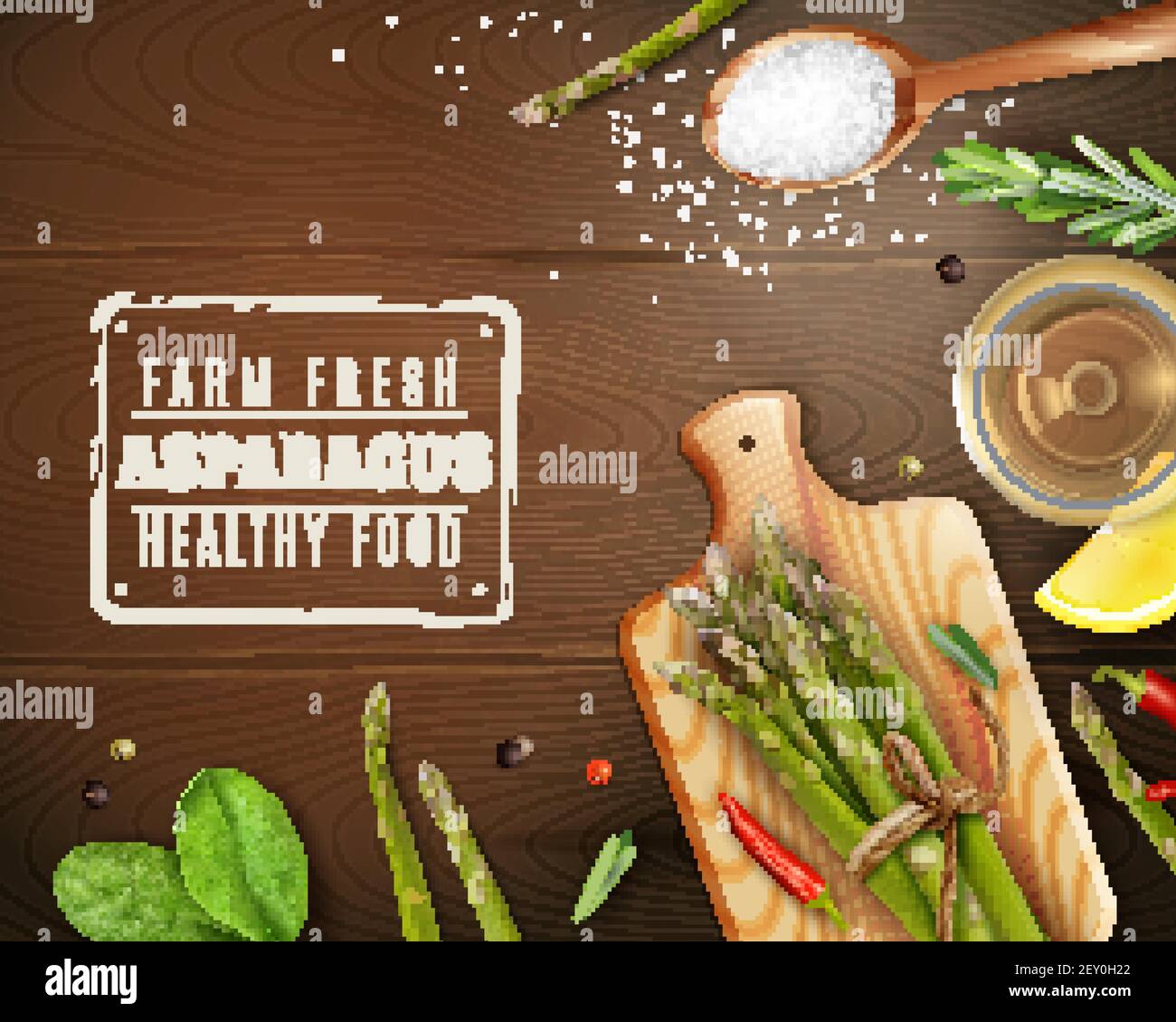Bauernhof frische Spargel gesunde Ernährung realistische dunkle Holz Hintergrund mit Schneidebrett Basilikum Chili Pfeffer Vektor Illustration Stock Vektor
