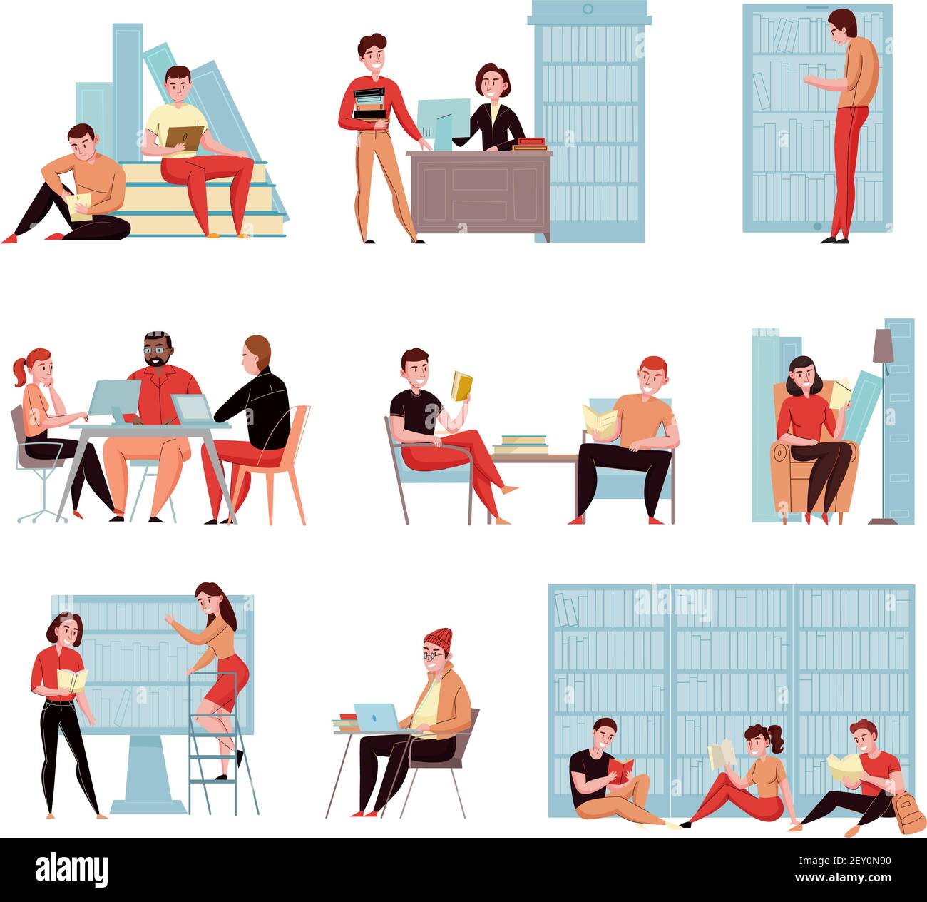 Moderne Bibliothek mit Outdoor-Lesebereich Computer-Katalog Online-Bücher Auf flache Symbole zugreifen Kompositionen Vektordarstellung setzen Stock Vektor
