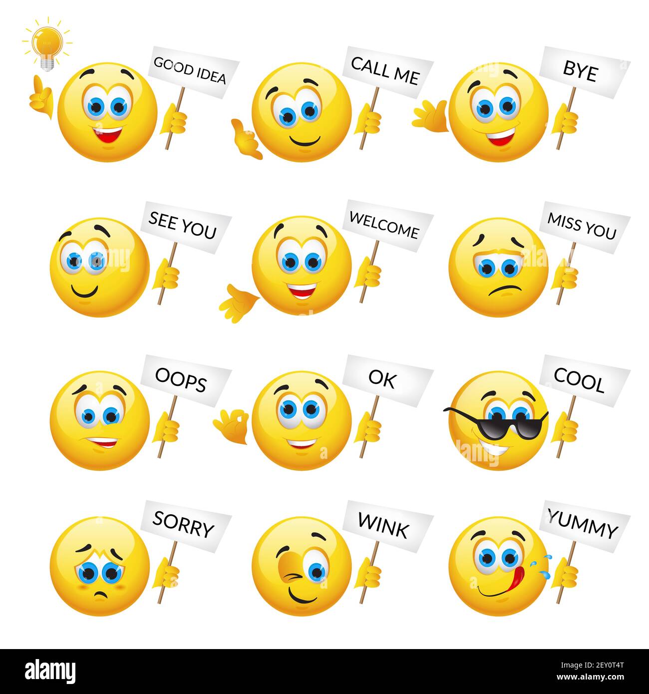 Set aus gelben Emoticons und Emojis. Vektorgrafik in realistischer Nahaufnahme Stock Vektor