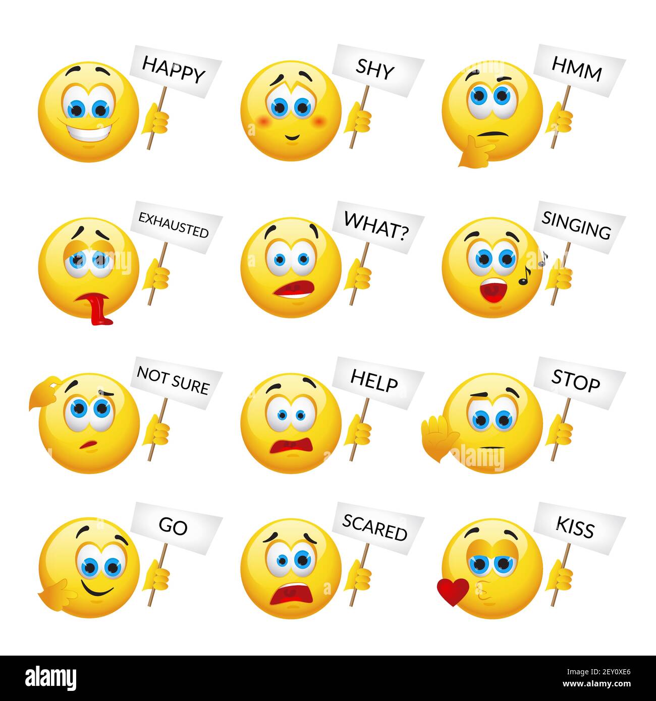 Set aus gelben Emoticons und Emojis. Vektorgrafik in realistischer Nahaufnahme Stock Vektor