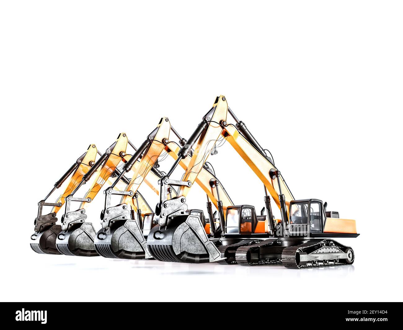 3D Rendering von vier Raupenbaggern in Reihe geparkt Weißer Hintergrund Stockfoto