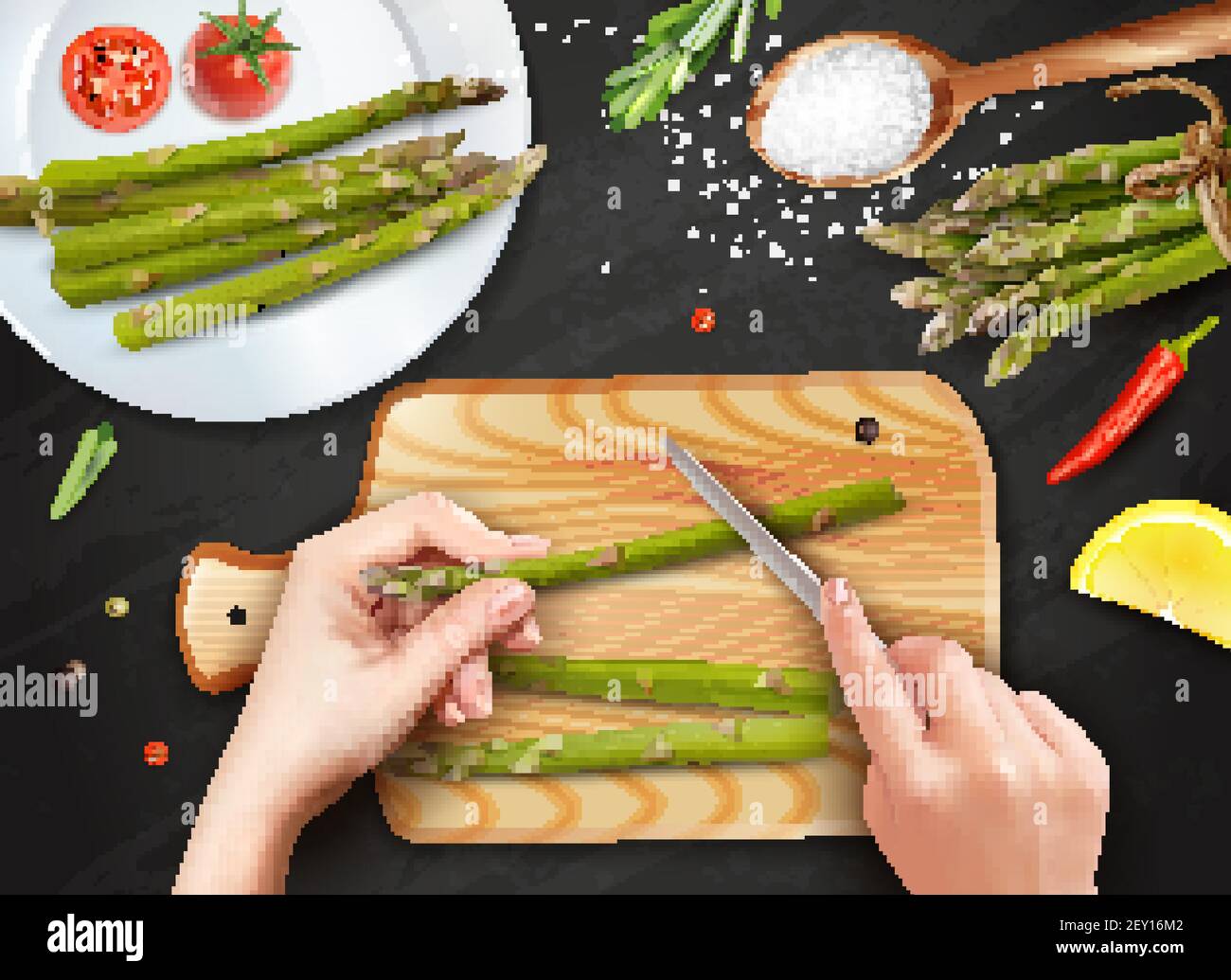 Gesunde Küche realistische Draufsicht mit Händen schneiden Spargel Meer Salz Tomaten Zitrone schwarz Hintergrund Vektor Illustration Stock Vektor
