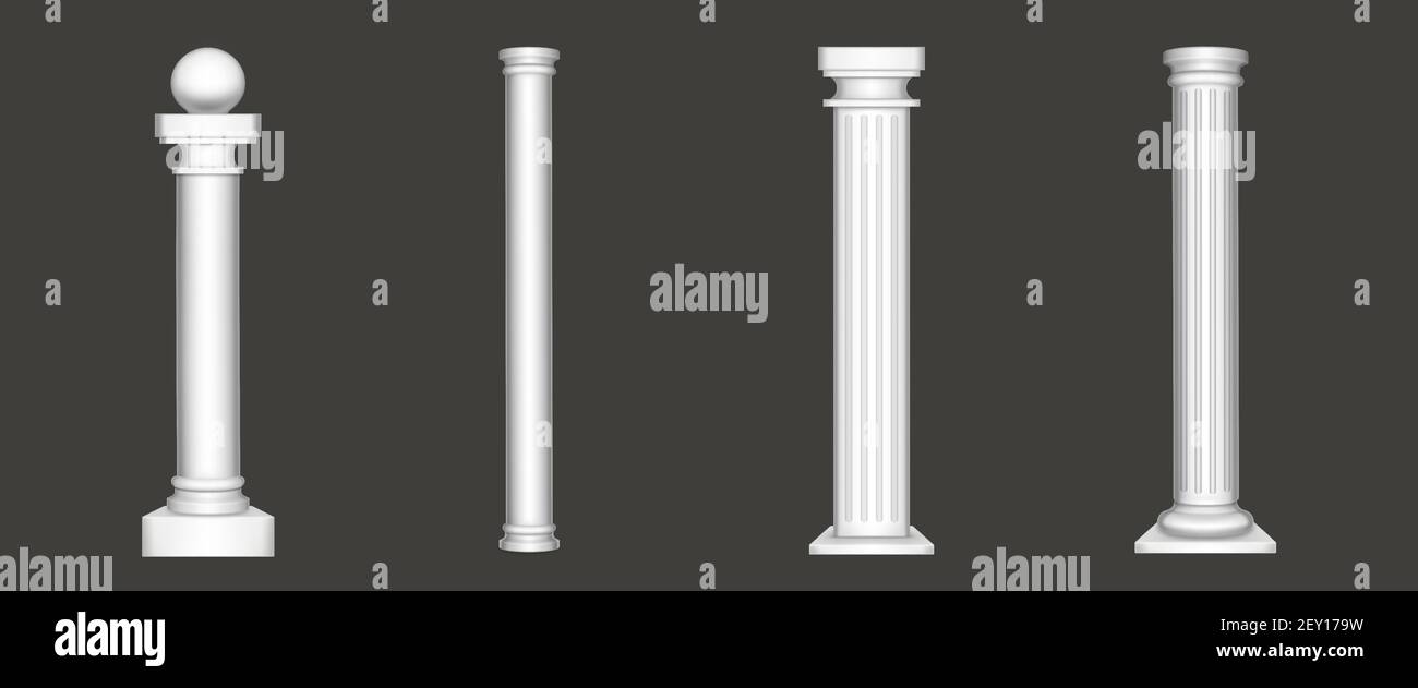 Antike Säulen isoliert auf weißem Hintergrund. Alte klassische Steinsäulen der römischen oder griechischen Architektur mit verdrehten und Nut Ornament für Innenfassade Design, realistische 3D Vektor Mockup, Set Stock Vektor