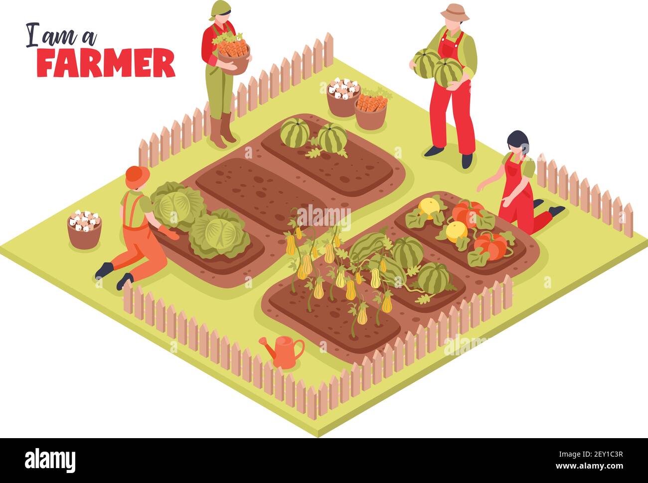 Isometrische Bauernhof Garten Hintergrundkomposition mit Gruppe von menschlichen Charakteren In Gehöft mit Pflanzen und Textvektordarstellung Stock Vektor