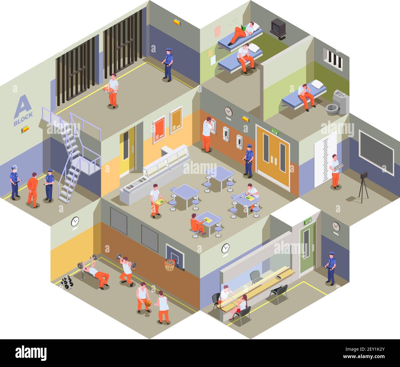 Gefängnis Haftanstalt innere isometrische Zusammensetzung mit Gefangenen in Zellen Kantine Turnhalle und Visitation Bereich Vektor-Illustration Stock Vektor