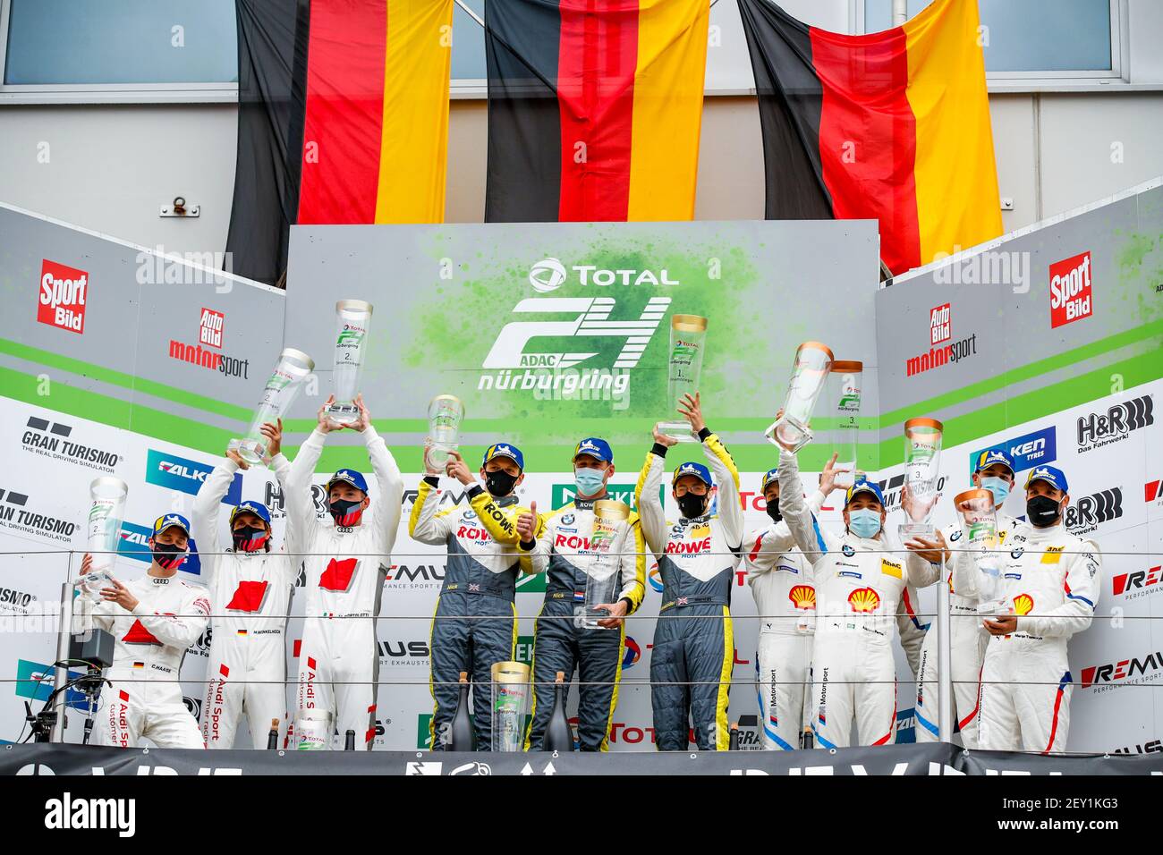 Podium: 99 Sims Alexander (gbr), Catsburg Nicky (nld), Yelloly Nick (gbr), eng Philipp (aut), Rowe Racing, BMW M6 GT3, 03 Bortolotti Mirko (aut), Frijns Robin (nld), Haase Christopher (ger), Winkelhock Markus (ger), Audi Sport Team, Audi R8 LMS GT3, 42 Farfus Augusto (BRA), Klingmann Jens (SWI), Tomczyk Martin (ger), Van der Linde Sheldon (ger), BMW Team Schnitzer, BMW M6 GT3, während der 2020 24 Stunden Nürburgring, auf der Nürburgring Nordschleife, vom 24. Bis 27. September 2020 in Nürnberg, Deutschland - Foto Florent Gooden / DPPI Stockfoto