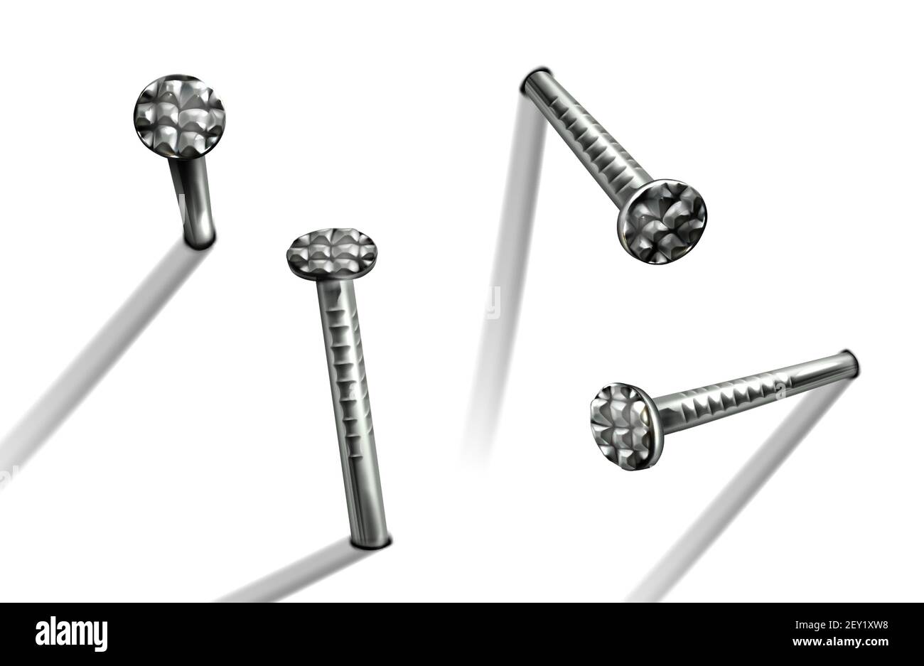 Eisennägel in die Wand gehämmert, gerade Stahlspitzen mit Kreiskopf. Vektor realistische Satz von Metallstiften, Hardware-Hobnails, Zimmerei und Bauwerkzeuge isoliert auf weißem Hintergrund Stock Vektor