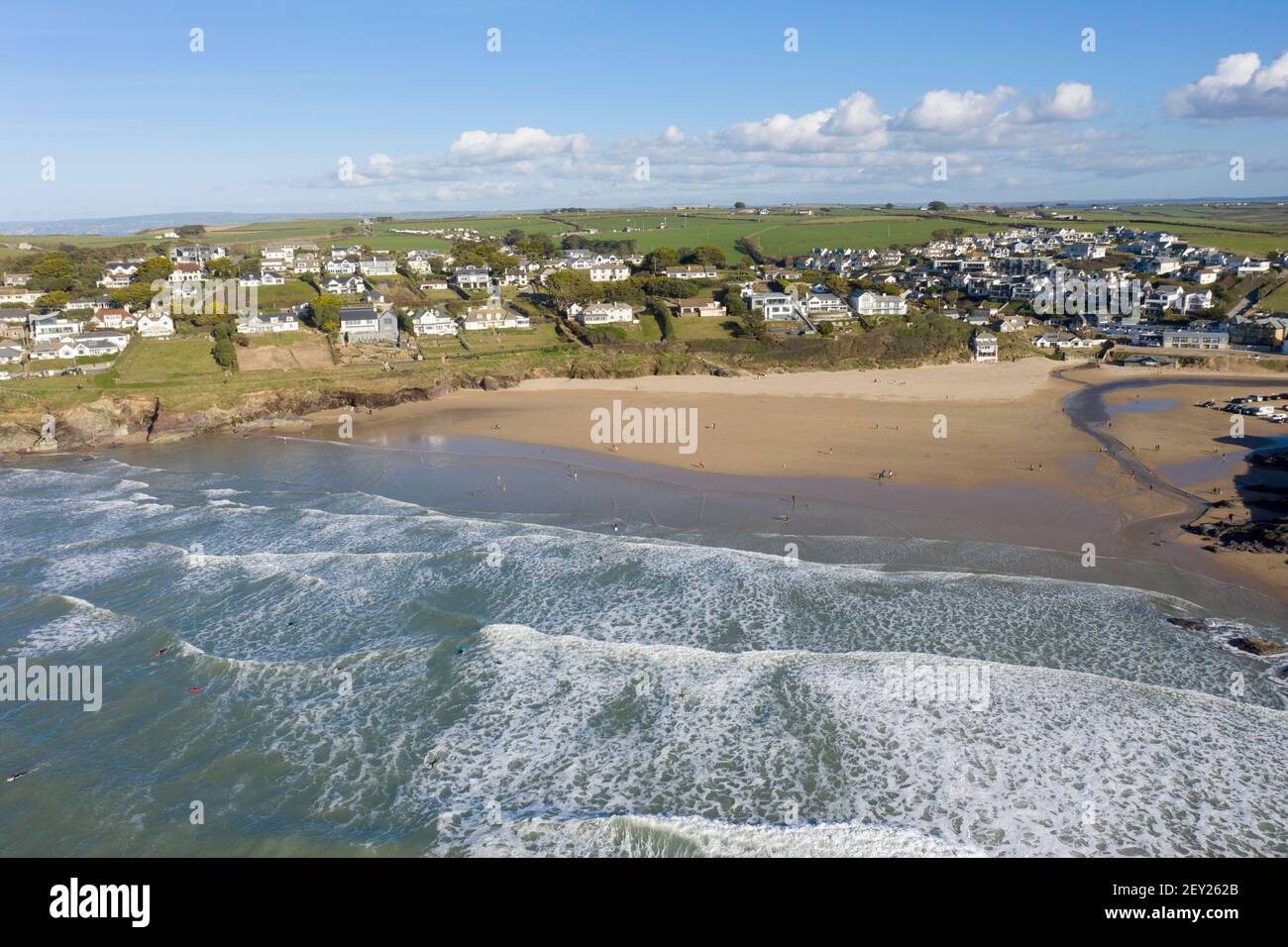Luftaufnahme von Polzeath Beach, North Cornwall Stockfoto