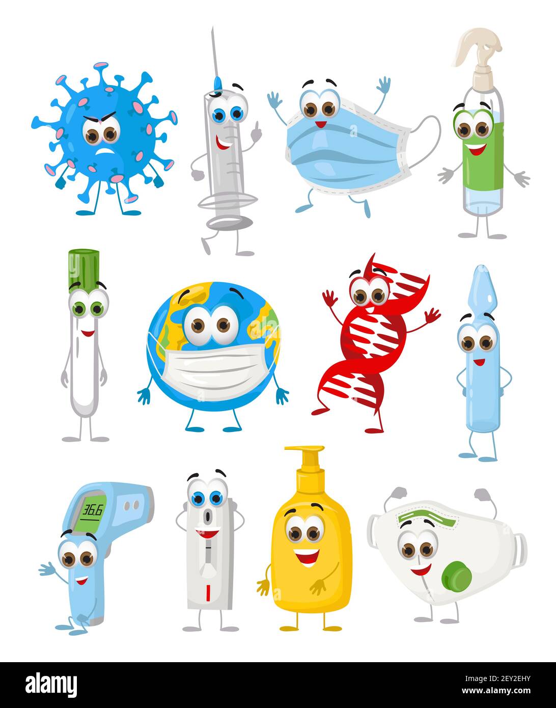 Lustige Objekte setzen Beziehung mit Coronavirus RNA Covid-19, moderne flache Vektor-Illustration Stock Vektor