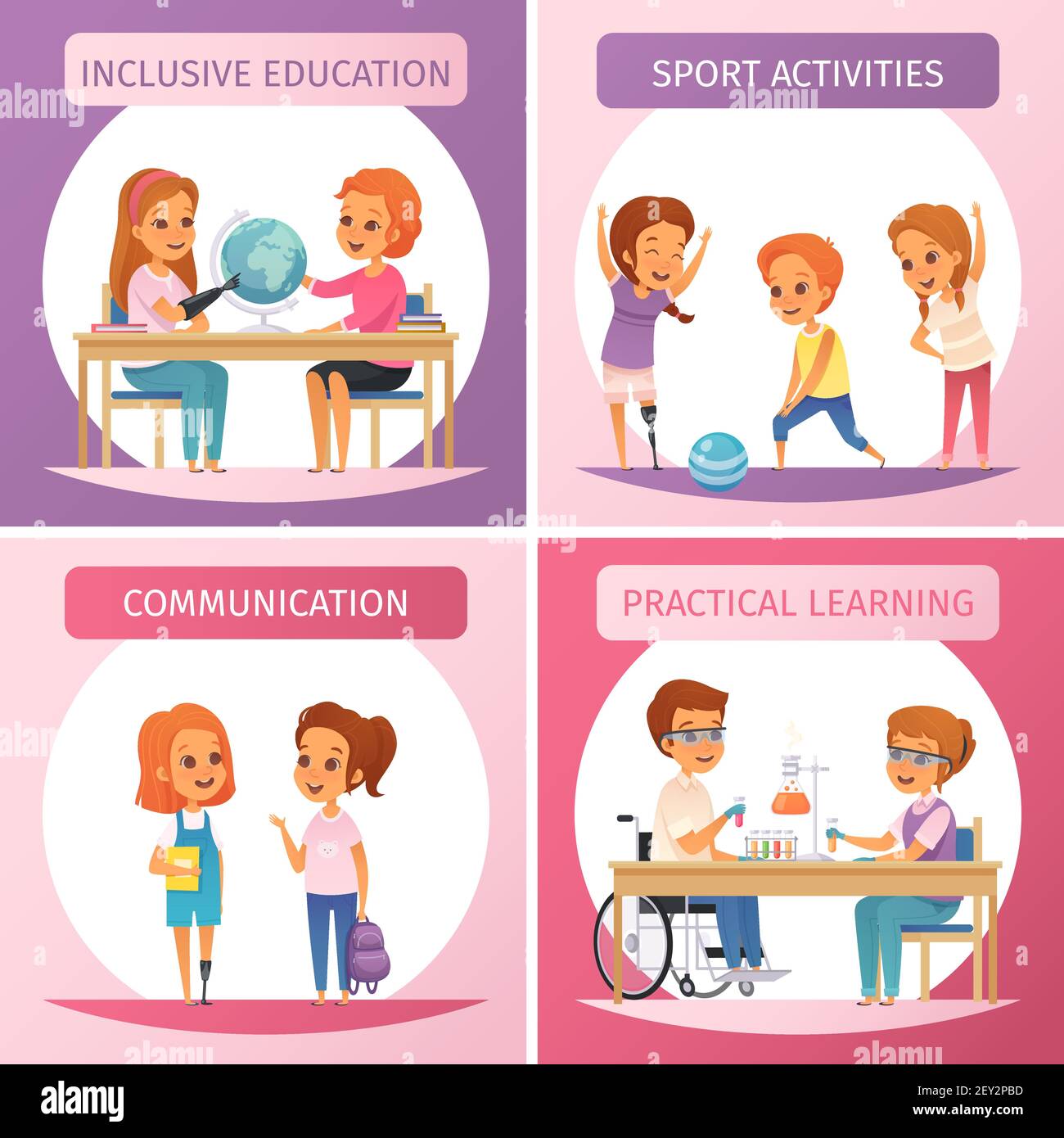 Vier Quadrate Inklusion Inklusiv Bildung Icon Set mit Inklusiv Bildung Kommunikation Sport-Aktivitäten und praktische Lernbeschreibungen Vektor Stock Vektor