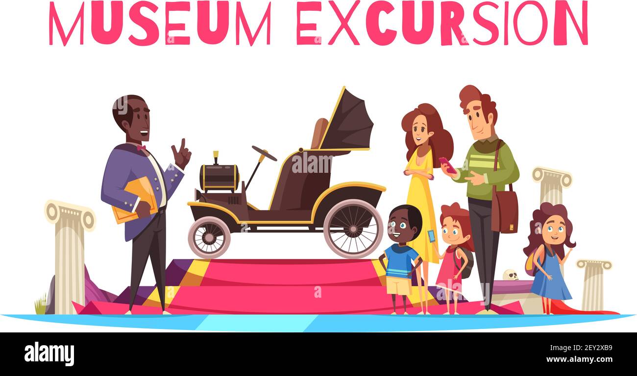 Familienpaar mit Kindern und Führer in der Nähe von alten Cabriolet während Exkursion des Bodenverkehrs Museum Vektor Illustration Stock Vektor