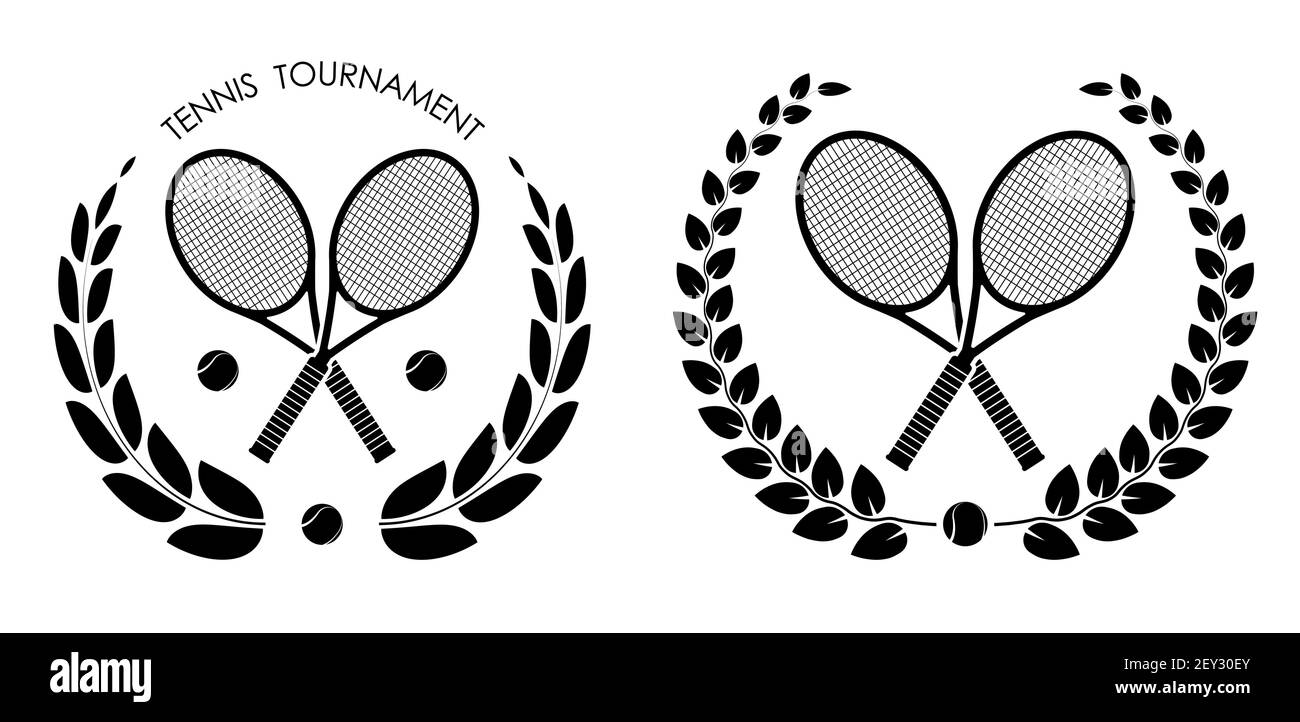Symbol, Emblem der gekreuzten Sport-Tennis-Raketen und Ball für Tennis mit Lorbeerkranz für den Wettbewerb. Tennisausrüstung. Aktiver Lebensstil. Vec Stock Vektor