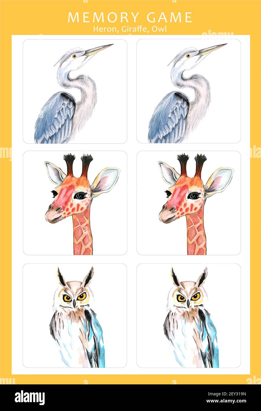 Memory-Spiel mit handgezeichneten Aquarell-Illustrationen von bunten Tieren. Kinder spielen Karten Tischspiel. Schneiden und spielen, finden Sie zwei identische Bilder. Stockfoto