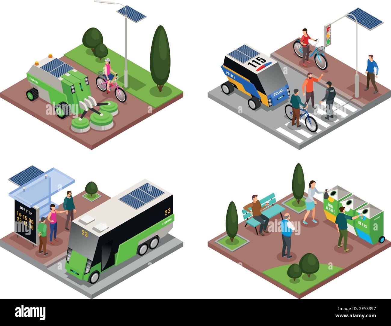 Smart urban ecology isometrische 4x1 Satz von vier Kompositionen mit Elektrofahrzeuge Mülltonnen und Menschen Vektor Illustration Stock Vektor