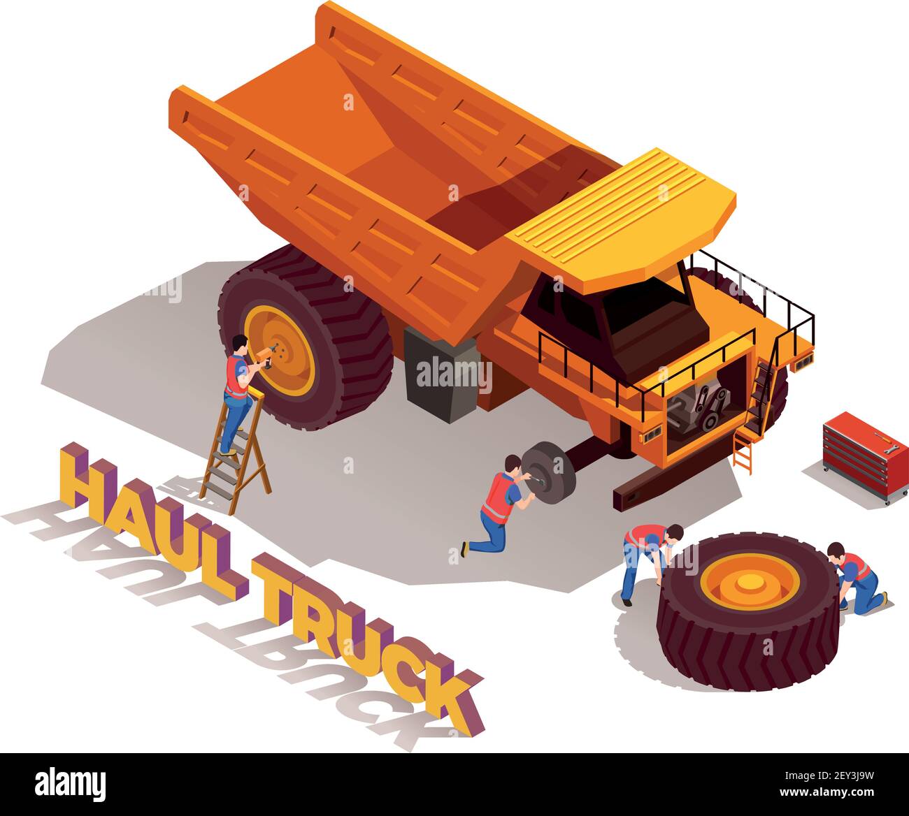 Bauarbeiter mit Werkzeugen bei der Reparatur von LKW-Rädern Isometrische Komposition auf Vektorgrafik mit weißem Hintergrund Stock Vektor