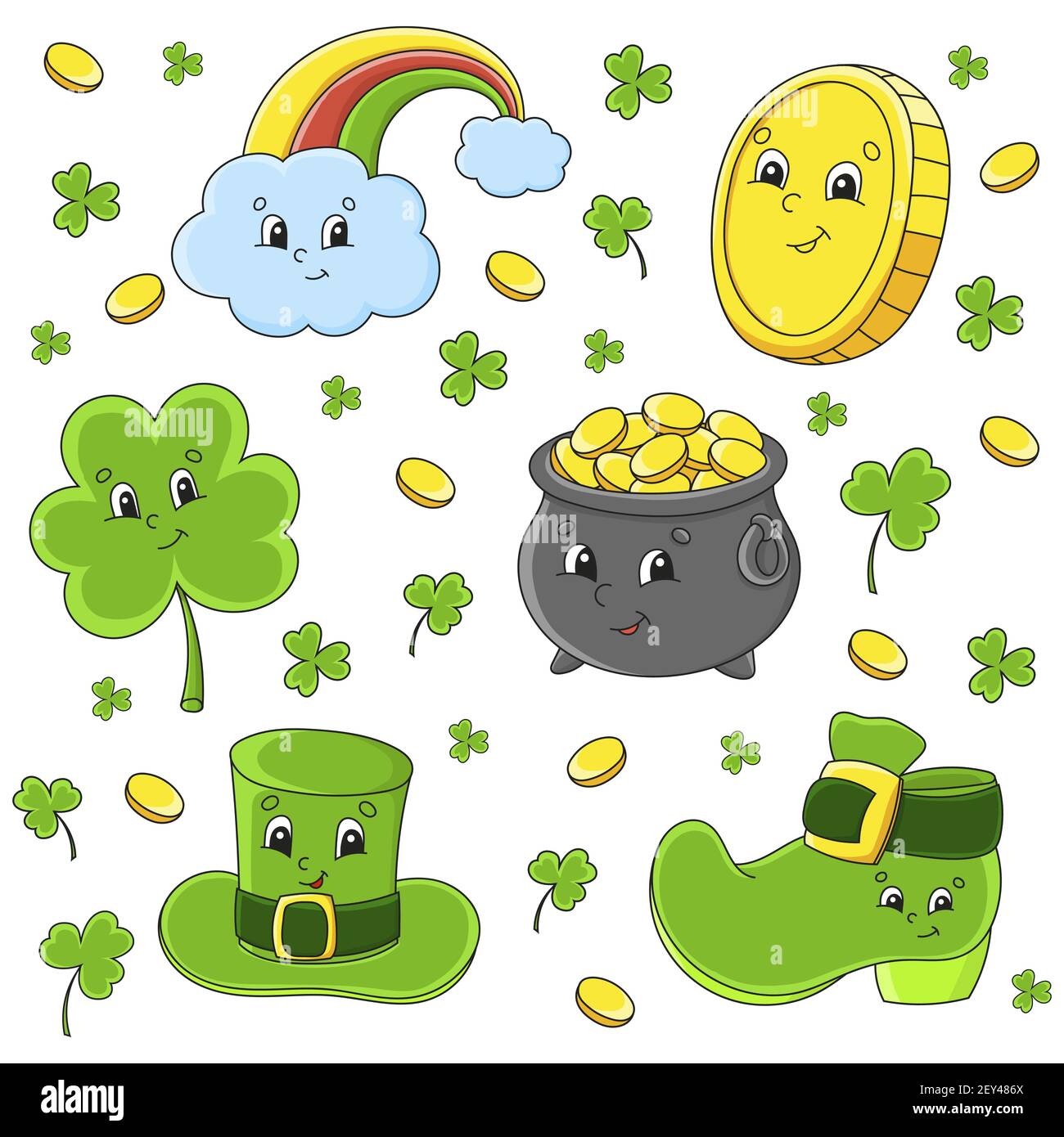 Set von Aufklebern mit niedlichen Comic-Figuren. St. Patrick's Day. Von Hand gezeichnet. Bunte Packung. Vektorgrafik. Patch Badges Kollektion für Kinder. Für Stock Vektor