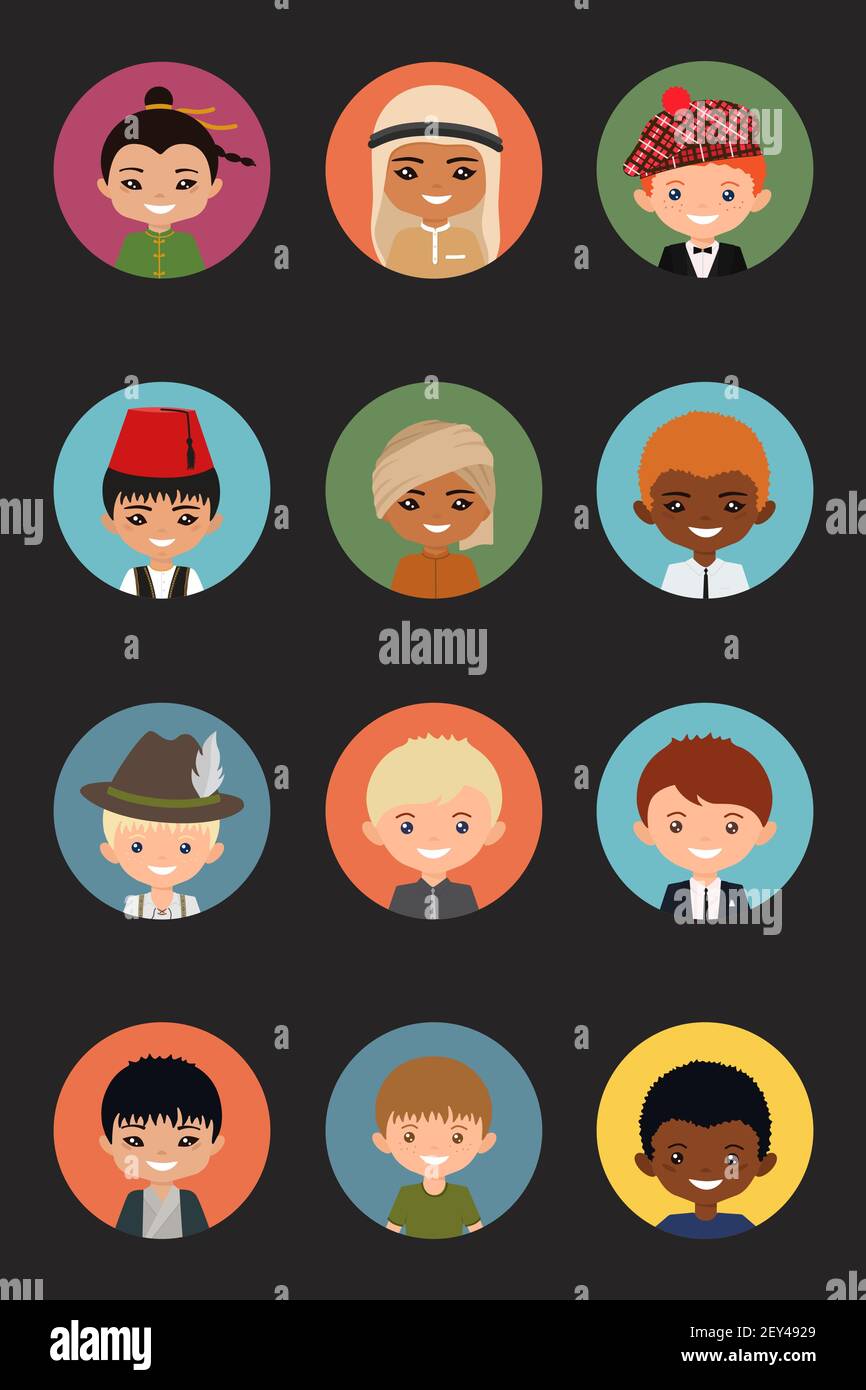 Icons Set von Benutzern von Männern verschiedener Nationalitäten auf mehrfarbigen Hintergrund. Flacher Cartoon-Stil. Vektorgrafik. Stock Vektor