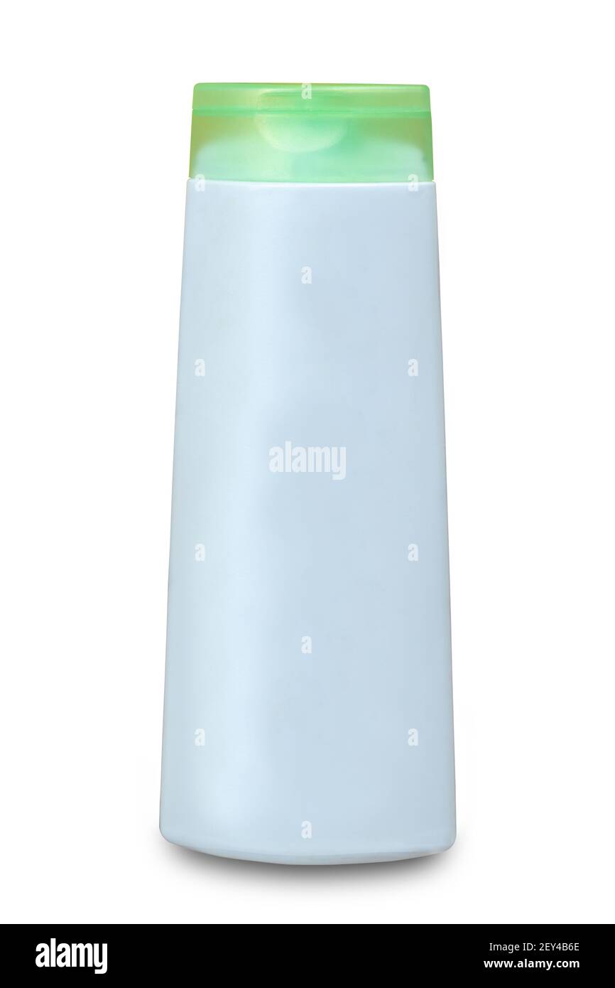 Blanke Shampoo-Flasche mit Disc-Druckkappe für Branding und Mock-up. Weiße leere Flasche mit grünem Flaschendeckel isoliert auf weißem Hintergrund. Stockfoto