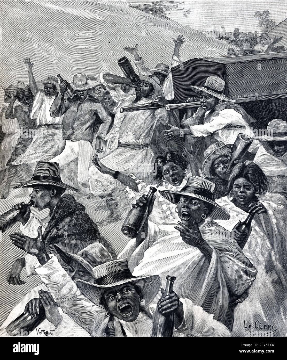 Betrunkene Festival während Beerdigung, Ahnenanbetung und Wiederbestattung bekannt als Famadihana, oder Drehen der Knochen, bei Ambodifotatra ïle Sainte-Marie oder Nosy Boraha Madagaskar 1896 Vintage Illustration oder Alte Gravur Stockfoto