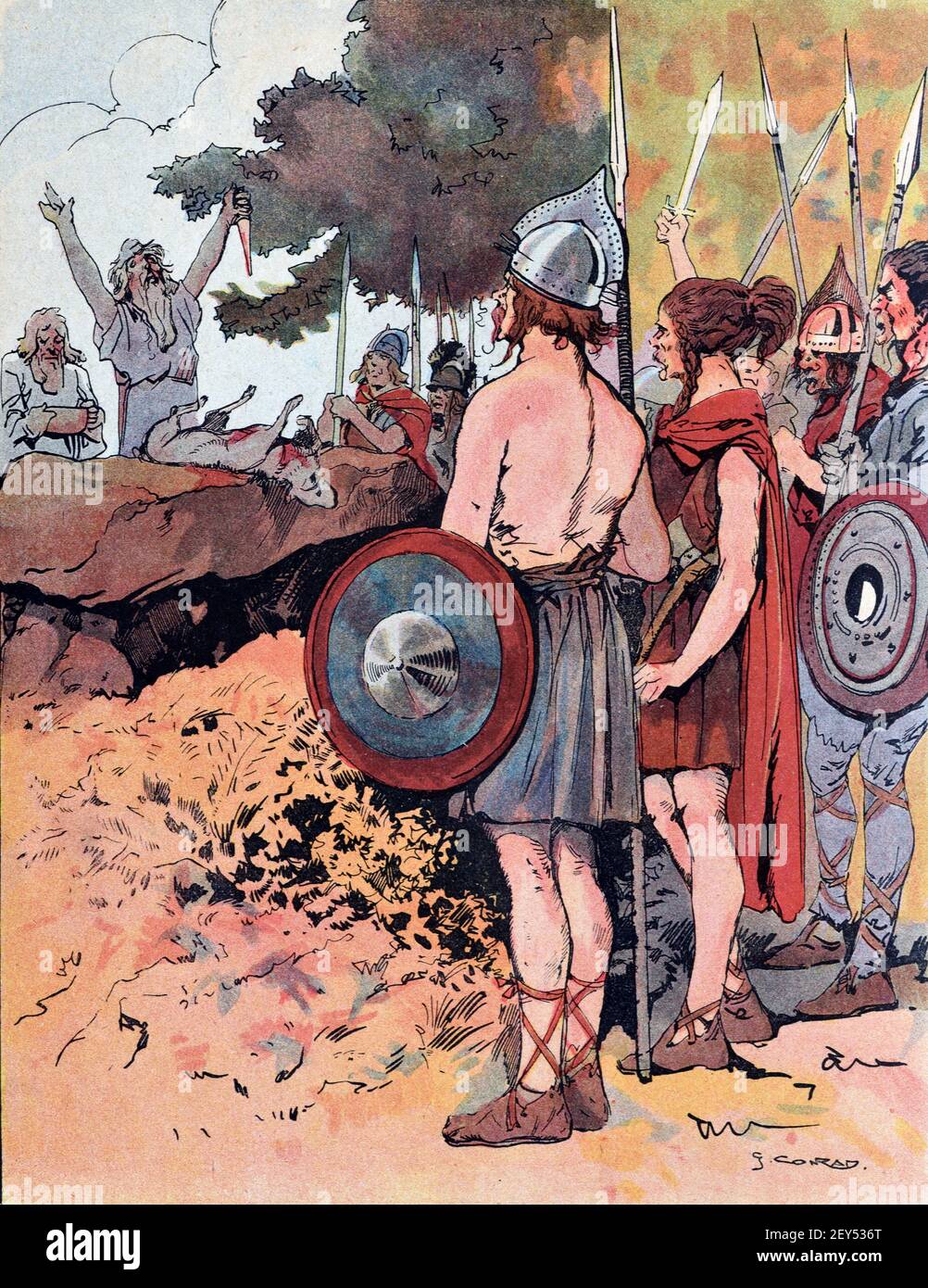 Die alten Gallier und Druiden opfern eine Ziege auf einem Menhir als gute Omen, bevor sie in die Schlacht während der Herrschaft von Vercingetorix (c82BC-46BC) im alten Gallien, jetzt Frankreich, eintreten. Vintage Illustration c1940 Stockfoto