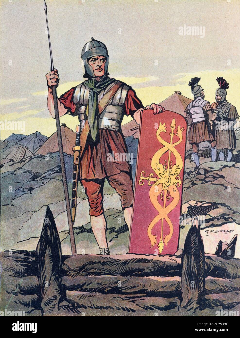 Lager römischer Soldaten unter dem Kommando von Julius Cäsar Während der Eroberung und Unterdrückung von Gallien während der Gallischen Kriege & Ära des Vercingetorix (c82BC-46BC) Vintage Illustration c1940 Stockfoto