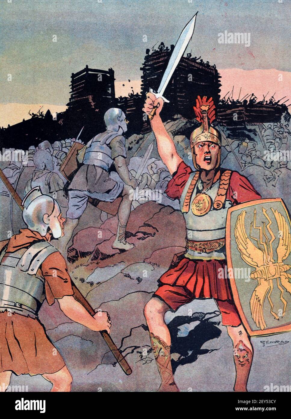 Siegreiche römische Soldaten während der Belagerung von Alesia oder der Schlacht von Alesia (52BC), als die Römer unter Julius Ceasor die gallischen Stämme unter Vercingetrox in der entscheidenden Schlacht der Gallischen Kriege (58BC-52BC) besiegten. Das Alte Gallien Frankreich. Vintage Illustration c1940 Stockfoto