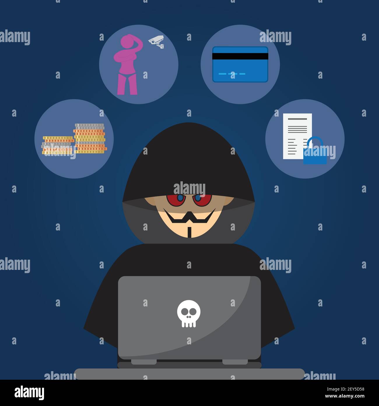 Hacker in schwarzer Kleidung vor einem Laptop Stock Vektor
