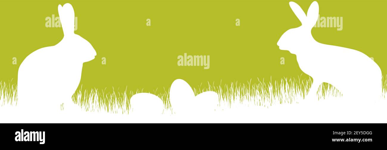 vektor-Panorama-Illustration für ostern Zeit, glücklicher Hintergrund mit grüner Silhouette eines Kaninchen mit Eiern, Gras, Blumen. Frühlingskulisse für Stock Vektor